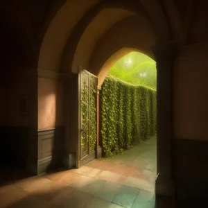 Ancient Architectural Anteroom: Time-worn Stone Basement with Historic Arched Windows and Religious Cell Door