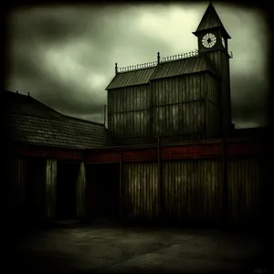 Nighttime Cityscape with Old Church and Fence by the Barn