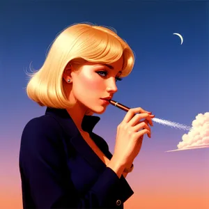 Attractive blonde businesswoman playing flute and smiling.