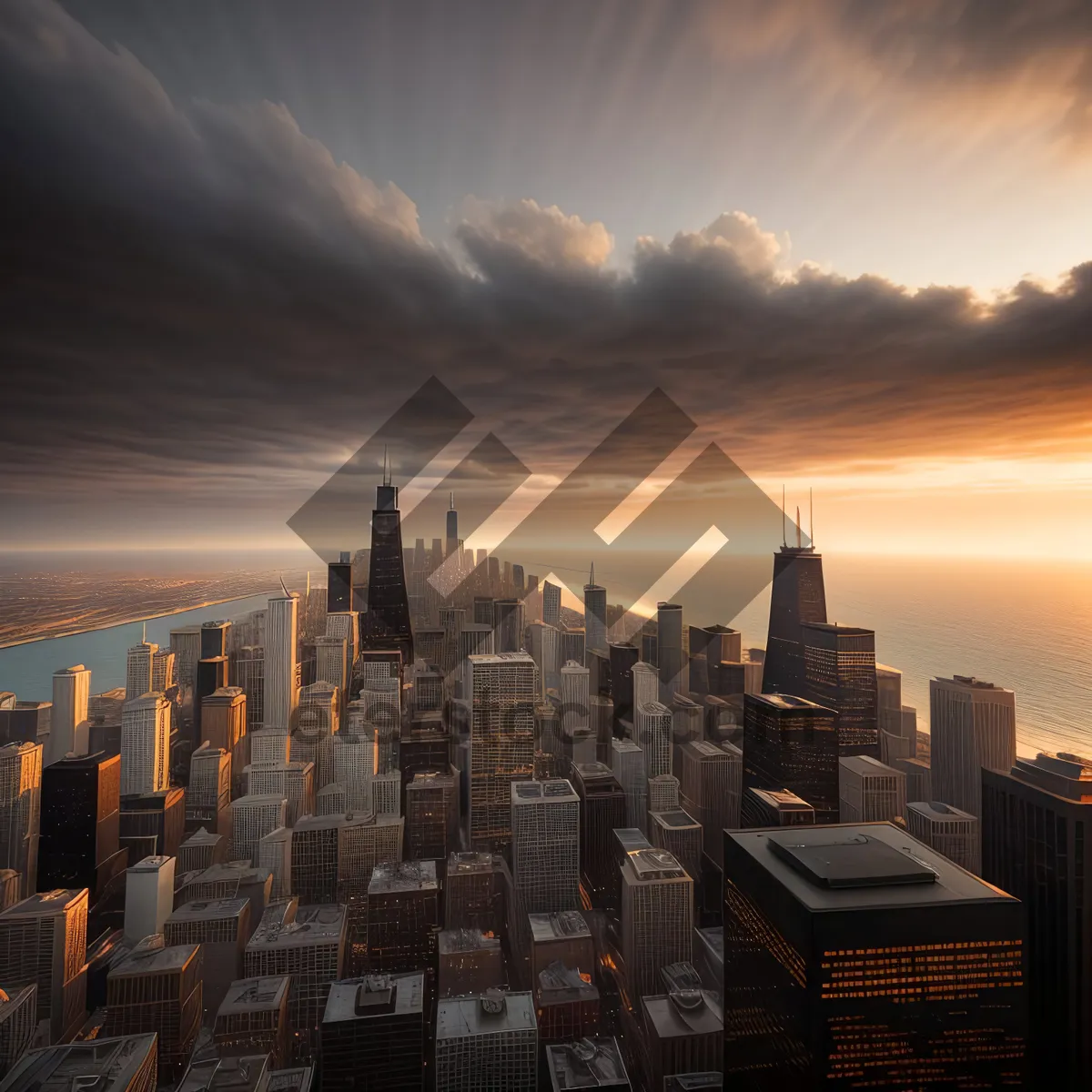 Picture of Urban Skyline at Sunset: Modern Cityscape with River Reflection