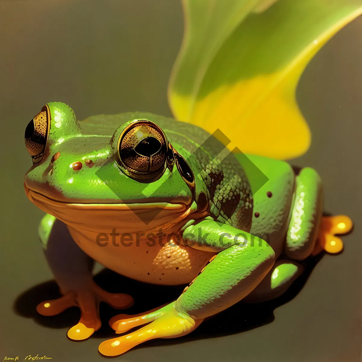 Picture of Vibrant-eyed Tree Frog Peeking from Leaf