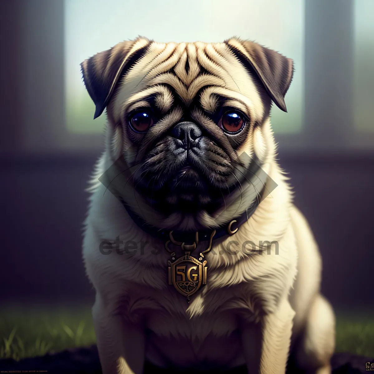 Picture of Adorable Wrinkled Pug Puppy Sitting - Studio Portrait