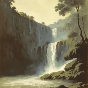 Serene Waterfall Cascading through Lush Forest