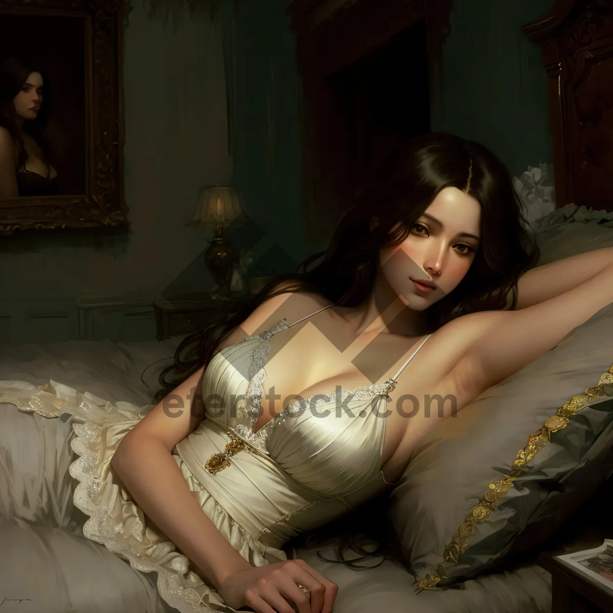 Picture of Model posing in lingerie with sensual and erotic look.