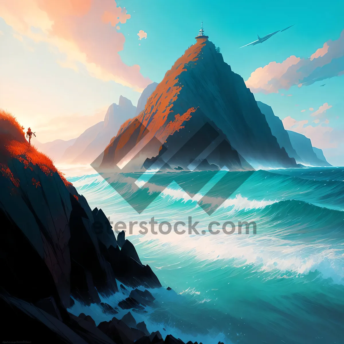 Picture of Majestic Alpine Peaks and Glacial Lake at Sunset