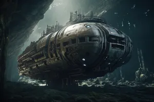 Sunken military submarine in the deep sea depths.