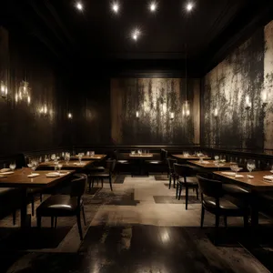 Modern cafeteria interior design with wooden furniture and chairs.