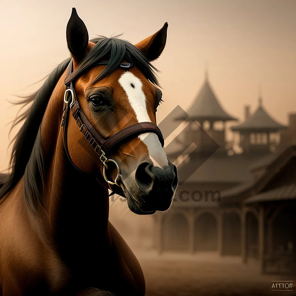 Picture of Majestic thoroughbred stallion in rustic stable gear