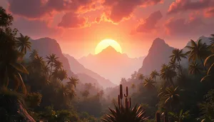 Tropical sunset beach silhouette palm tree scenic view.