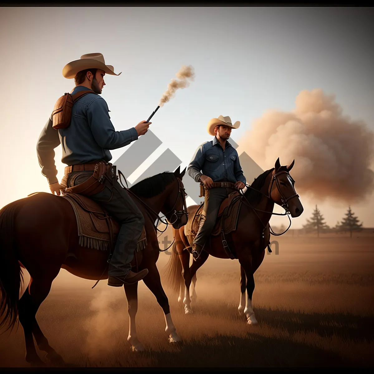 Picture of Cowboy riding horse at sunset.