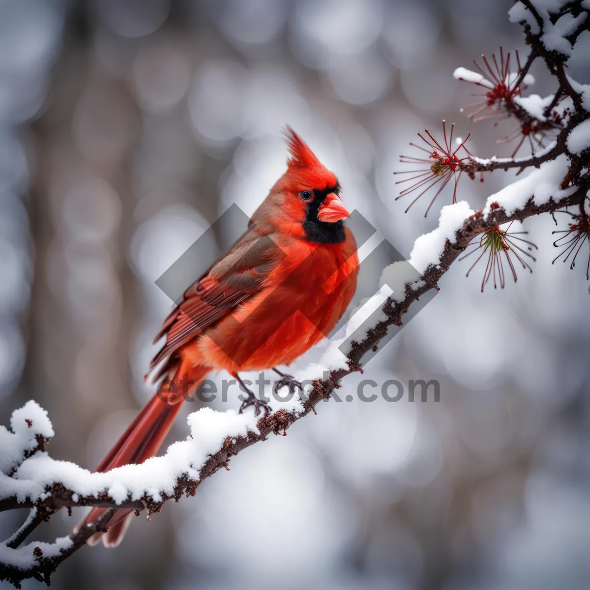 Picture of Bird perched on snowy branch in winter garden.