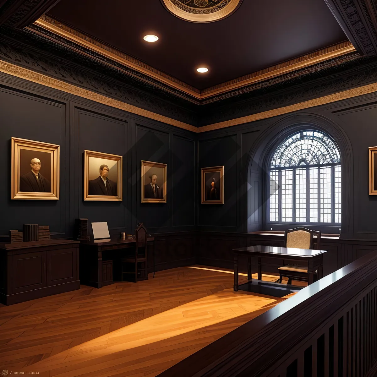 Picture of Modern Hall Interior with Theater Curtains and Furniture