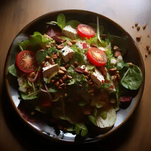 Fresh vegetable salad with grilled beef and sauce.