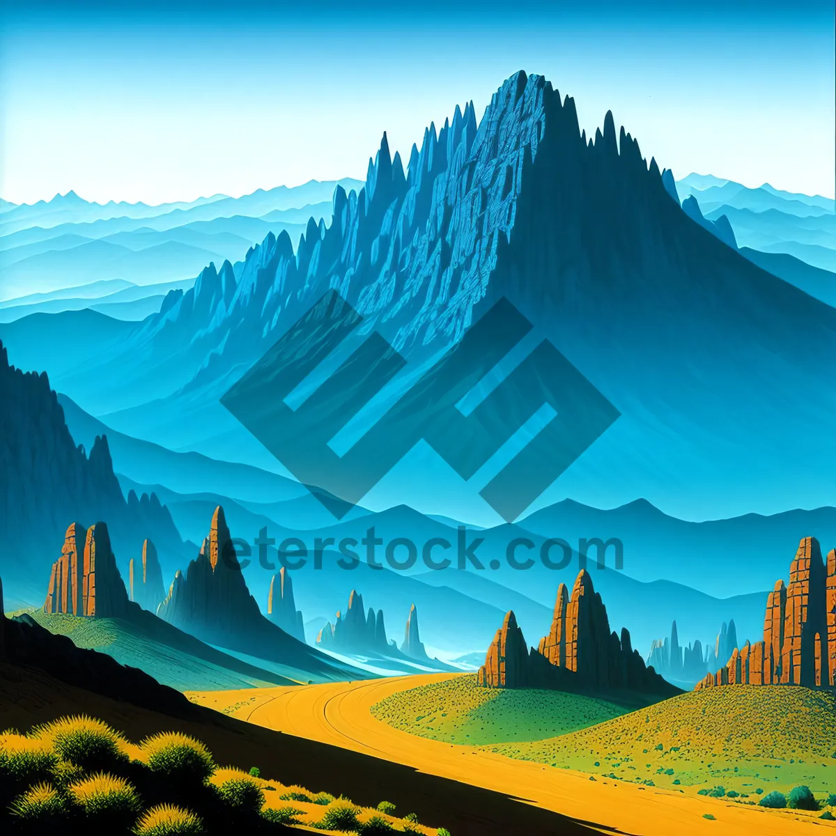 Picture of Serene Rural Landscape Under Majestic Mountain Range