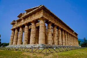 Ancient Roman Temple Columns Under Cloudy Sky