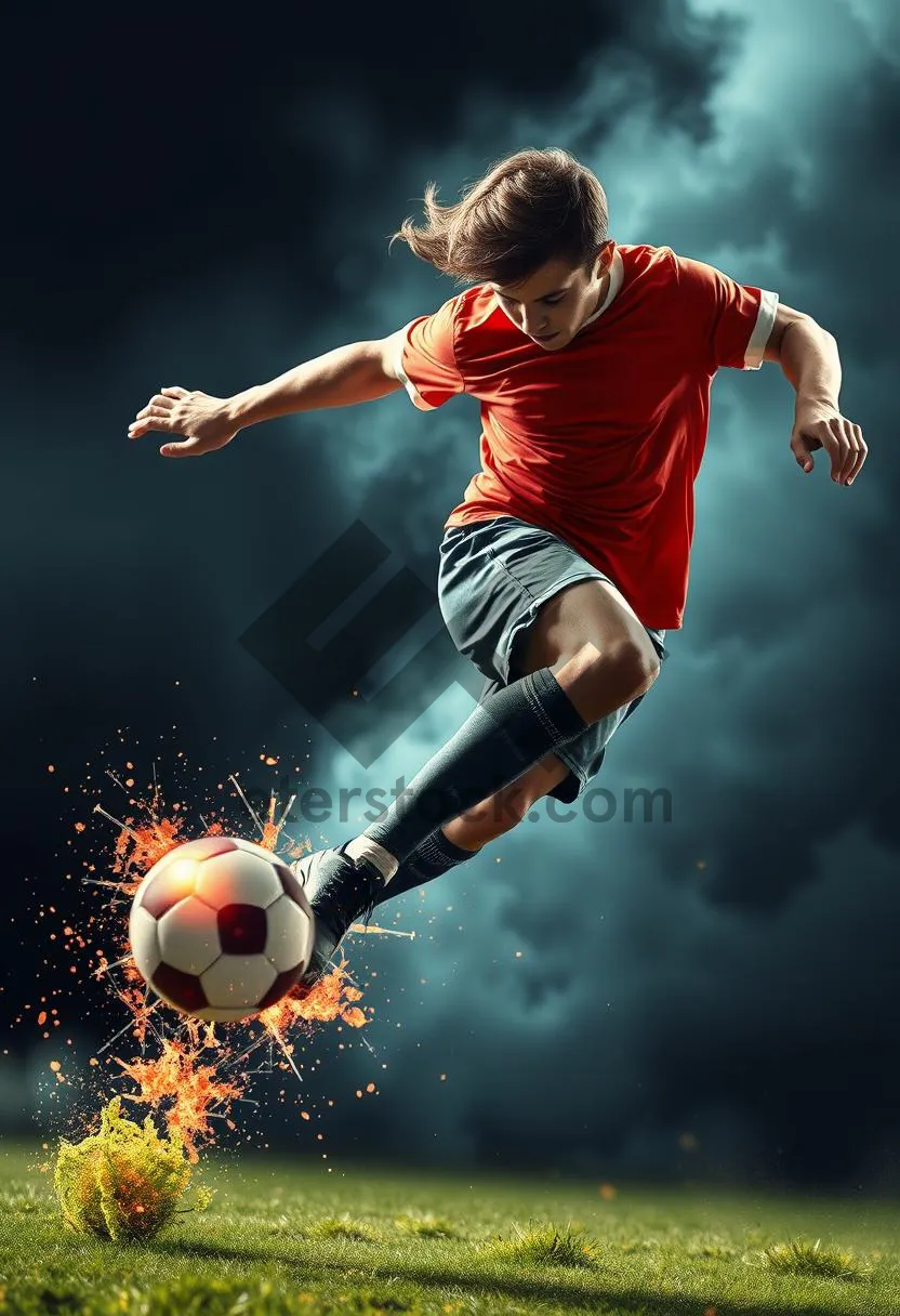 Picture of Happy male soccer player in action with ball