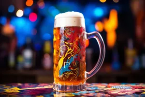 Coffee mug on restaurant table with beer glass