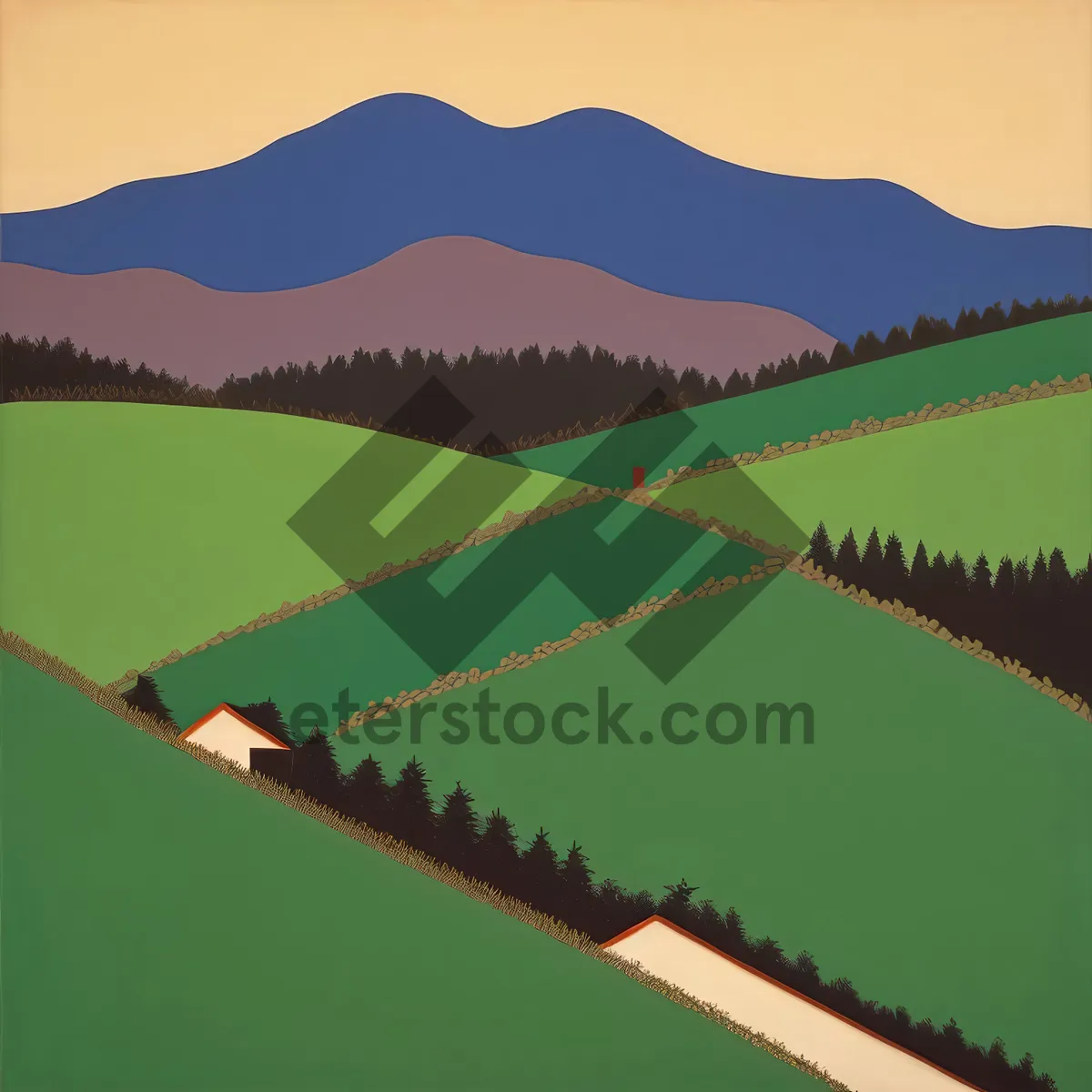 Picture of Vibrant Rural Landscape with Rolling Hills and Summer Sky