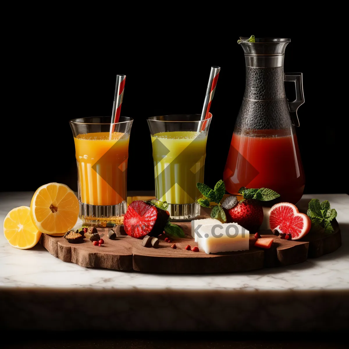 Picture of Healthy Breakfast Fruit Plate with Tea and Juice