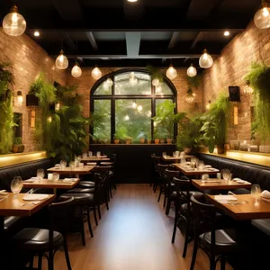 Modern interior design of restaurant dining room.