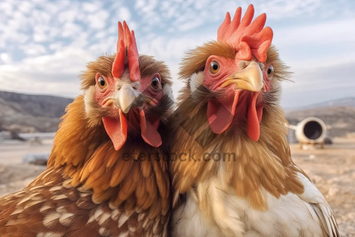 Picture of Chicken with bright red comb and feathers