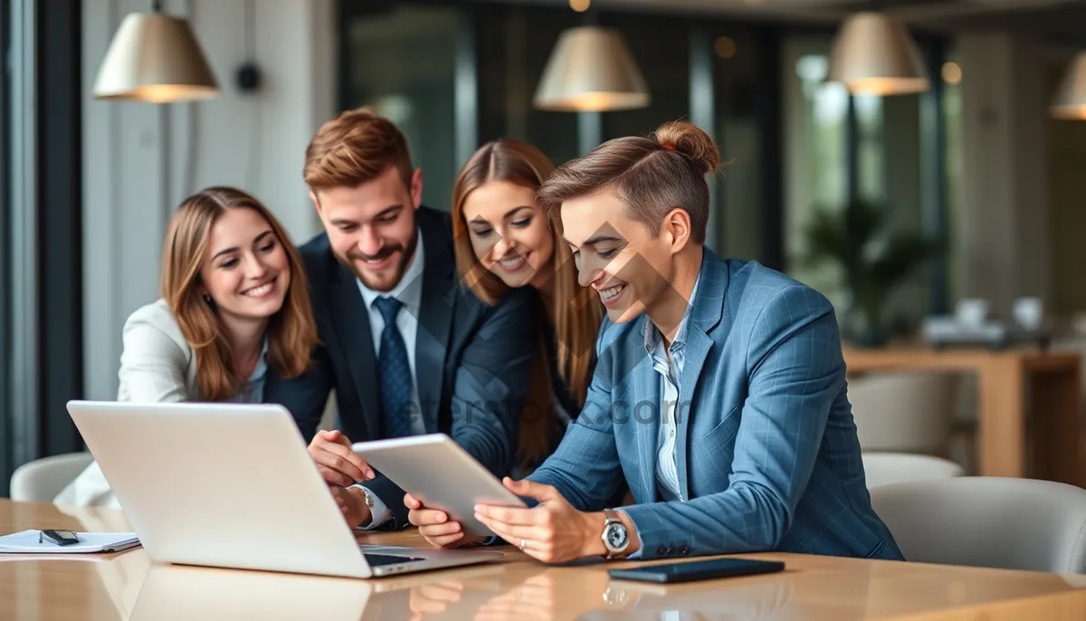 Picture of Smiling male business professional working on laptop at office.