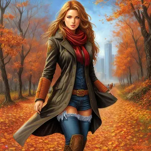 Smiling Fashion Model in Autumn Park with Cowboy Boots