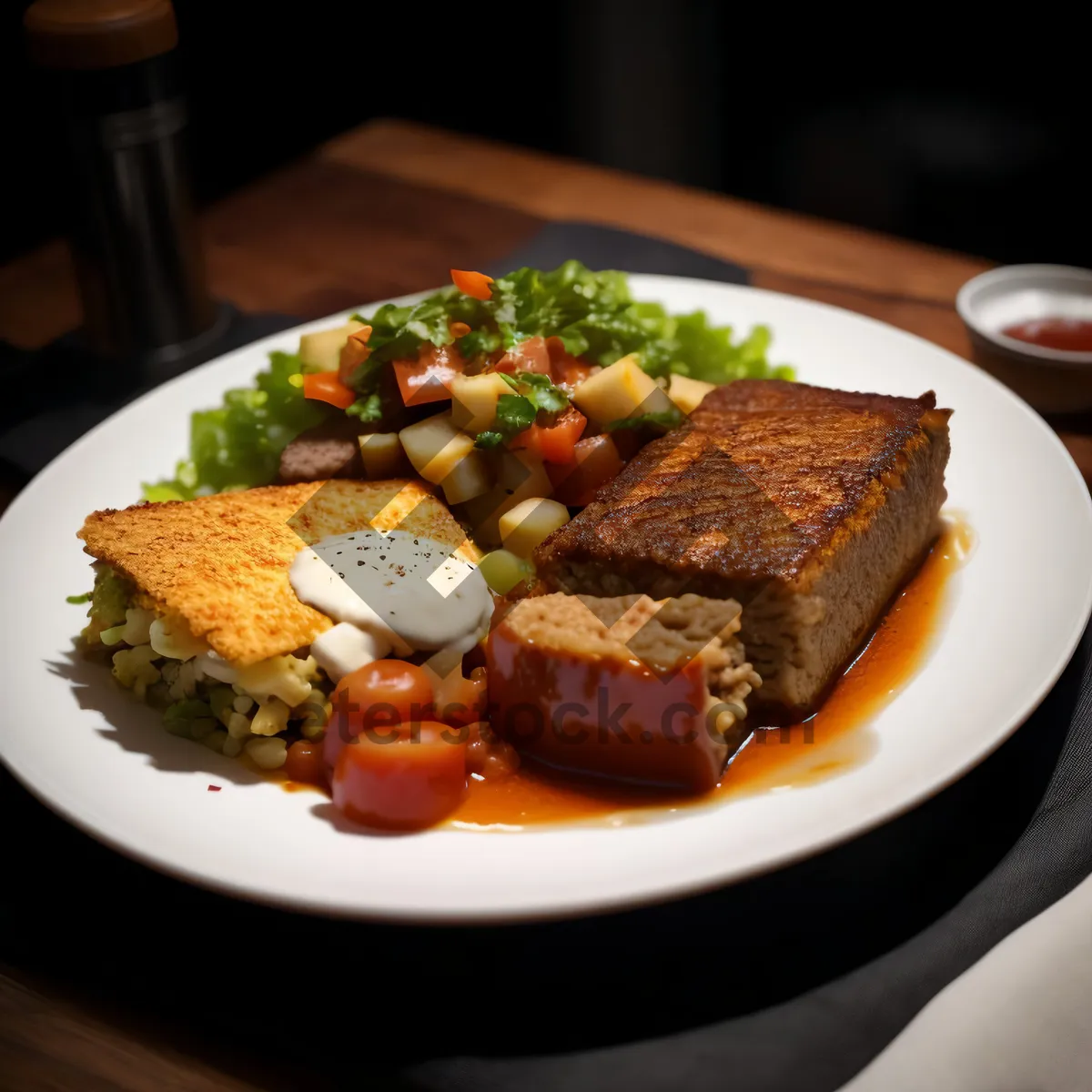 Picture of Grilled steak with vegetable salad and sauce.