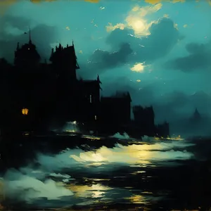 Shipwreck in the Starlit Ocean at Sunset.