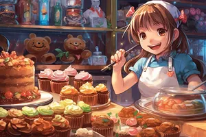 Bakery shop with delicious confectionery treats on table.