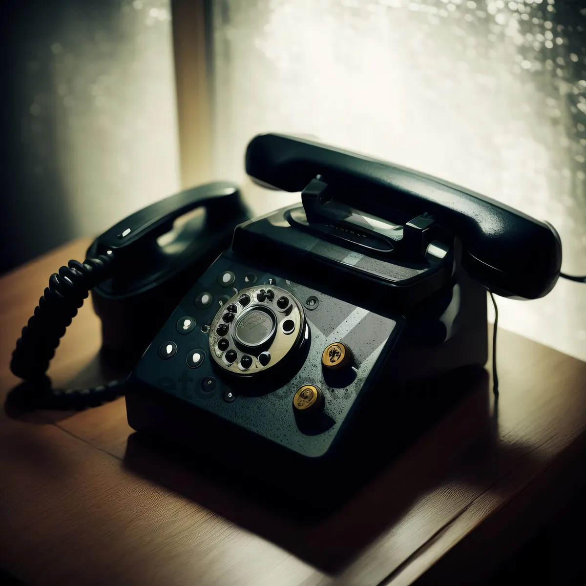 Picture of Vintage black rotary dial telephone for office communication.