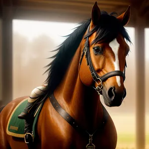 Thoroughbred Stallion in Brown Bridle Harness