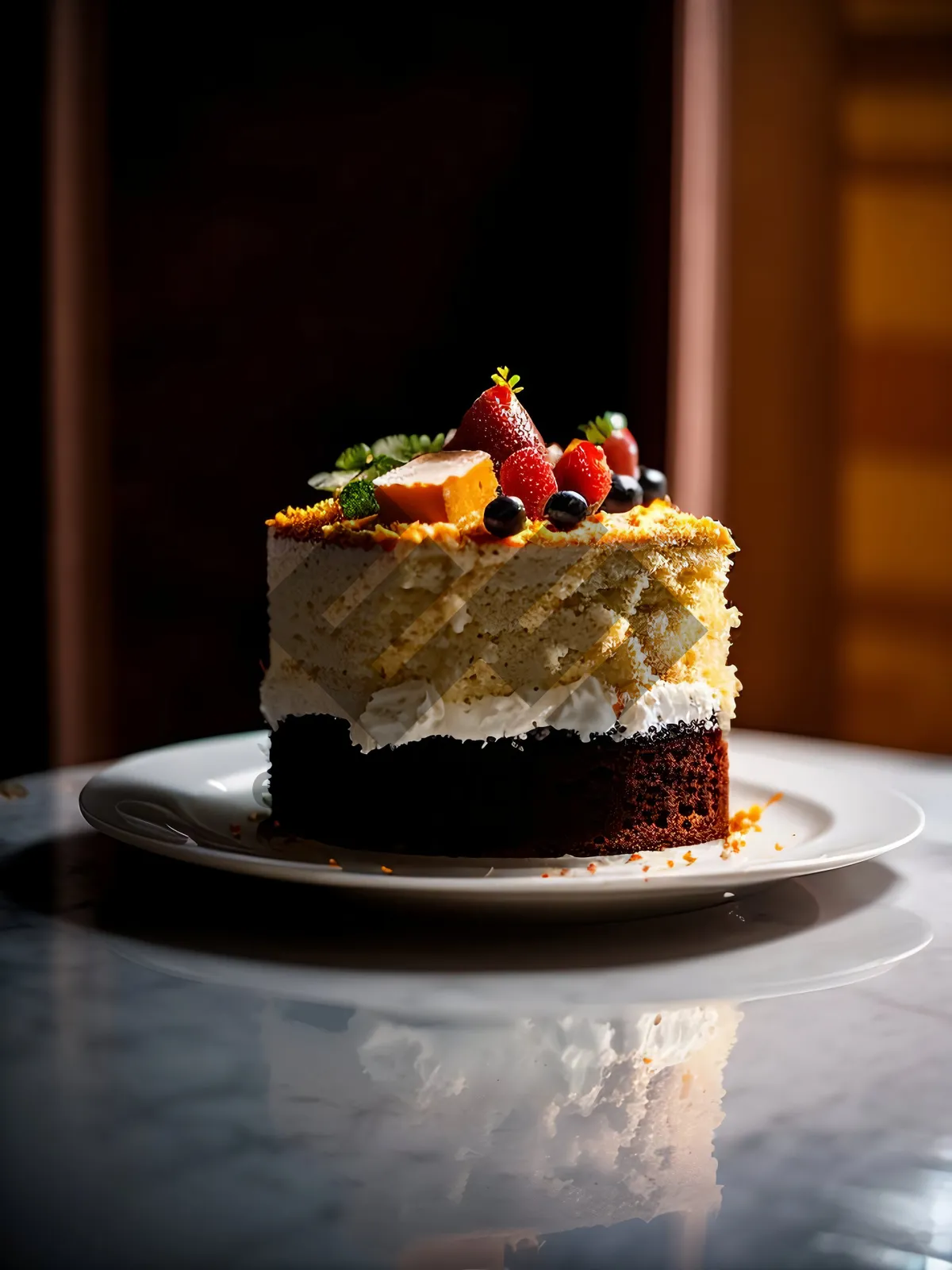 Picture of Delicious Berry Cream Cake with Chocolate Syrup