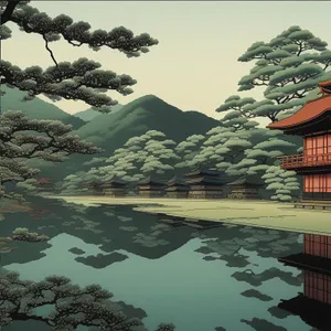 Summer lakeside reflection in tranquil forest landscape