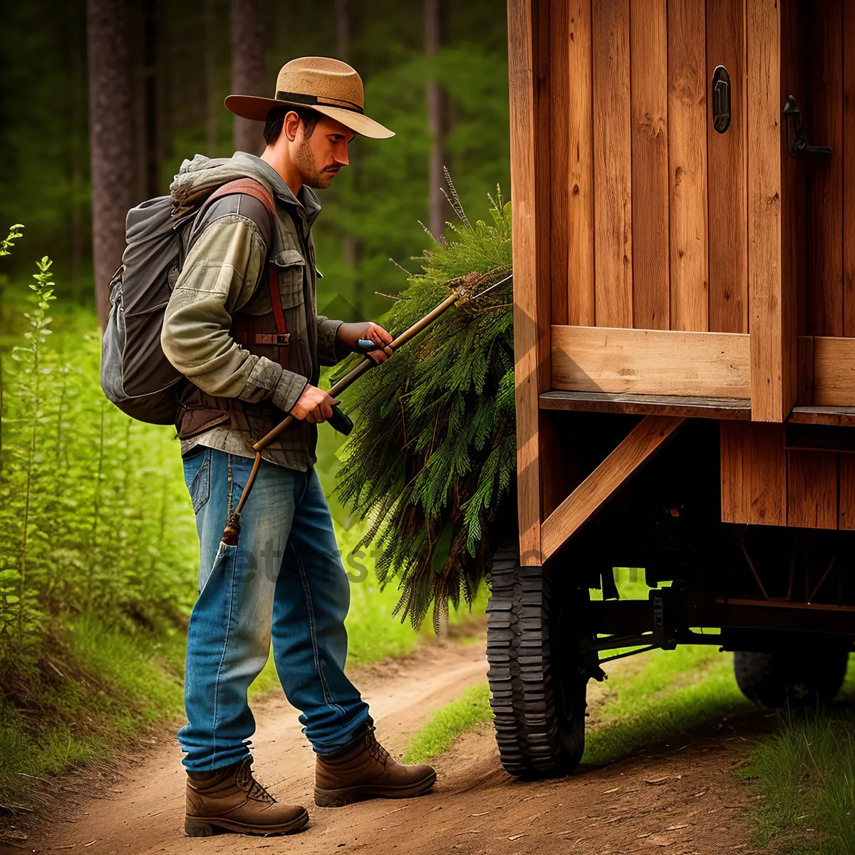 Picture of Farmer operating machine in scenic farm landscape