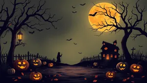Spooky Halloween Silhouette in Moonlit Cemetery Night
