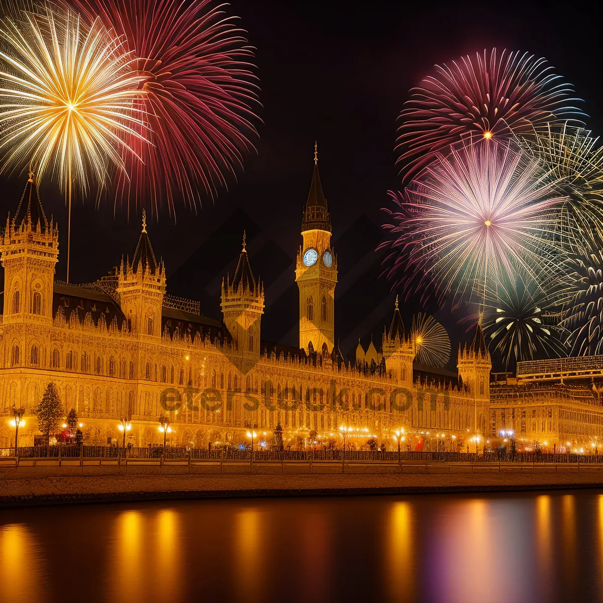 Picture of Enchanting Night Skyline: London's Iconic River Fireworks Reflection