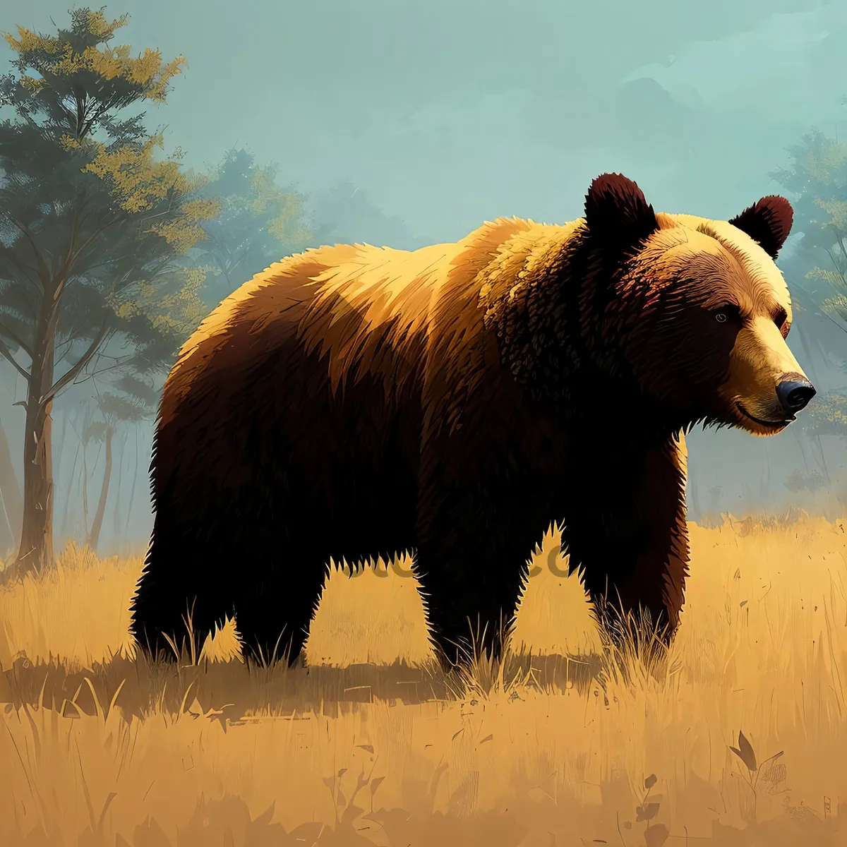 Picture of Wild Brown Bear in Grass Field