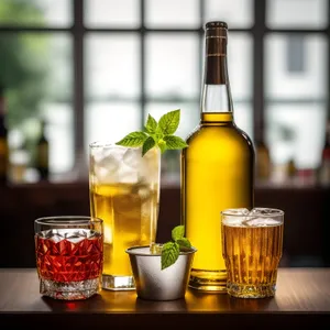 Restaurant table close up with wine and beer glasses