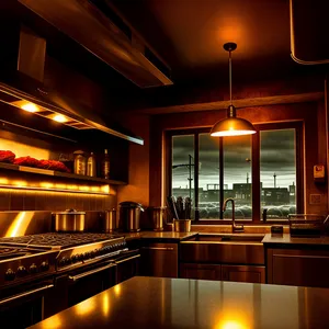 Modern Nighttime Kitchen with Stylish Furniture