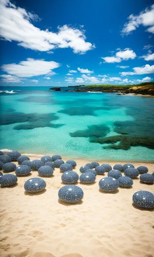 Fresh Blueberries on Beach with Sea Background