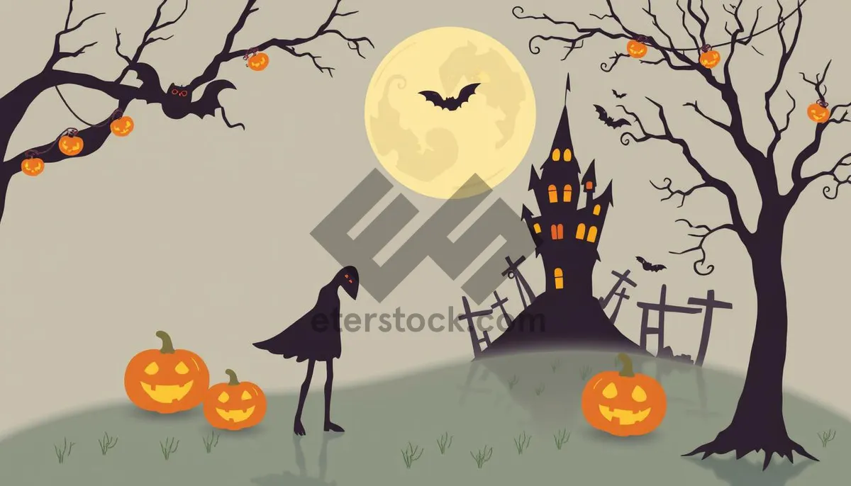 Picture of Cartoon Moonlight Cemetery Scene with Halloween Pumpkins