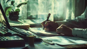 Corporate businesswoman working on laptop at office desk