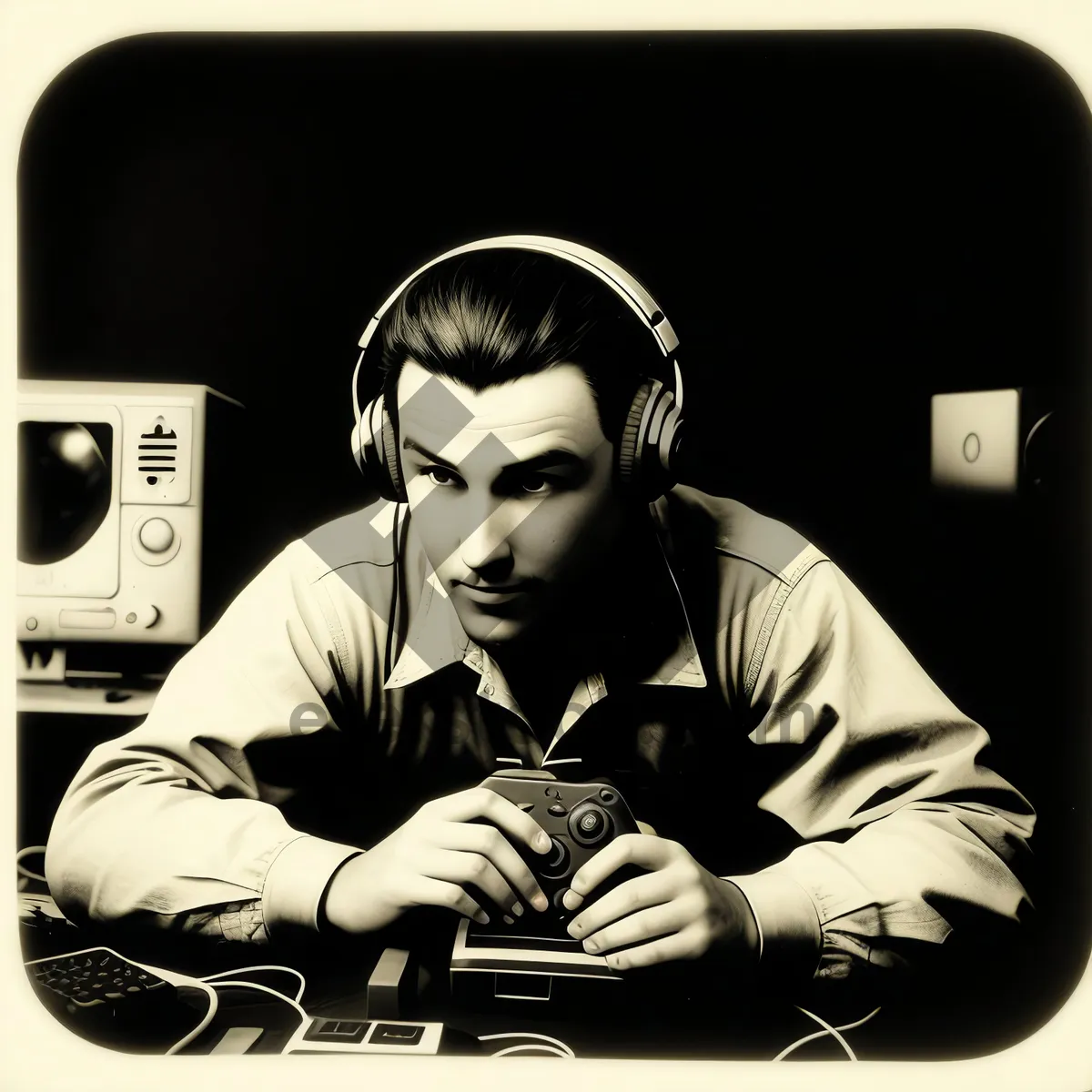 Picture of Stylish brunette with headphones posing in studio