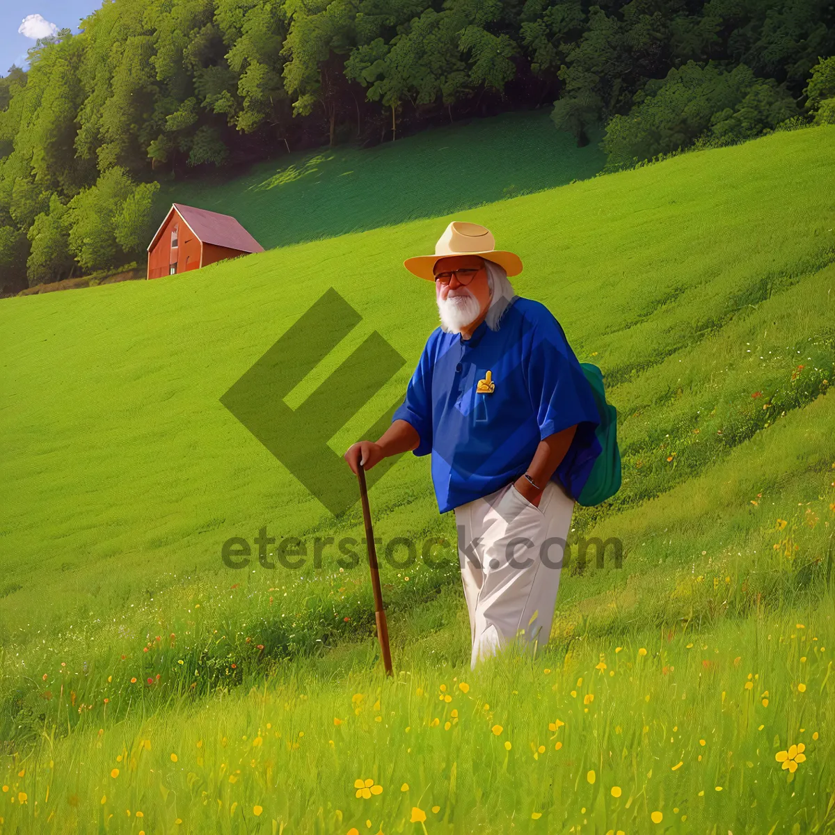 Picture of Serenity in the Countryside: Farmer amidst Summer Meadows