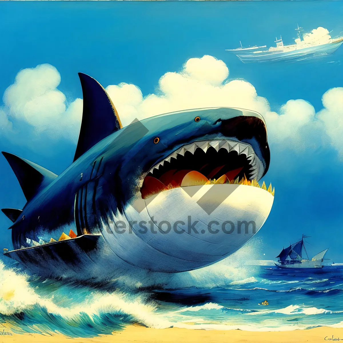 Picture of Sunny Marine World: Airship Soaring Over Tropical Ocean