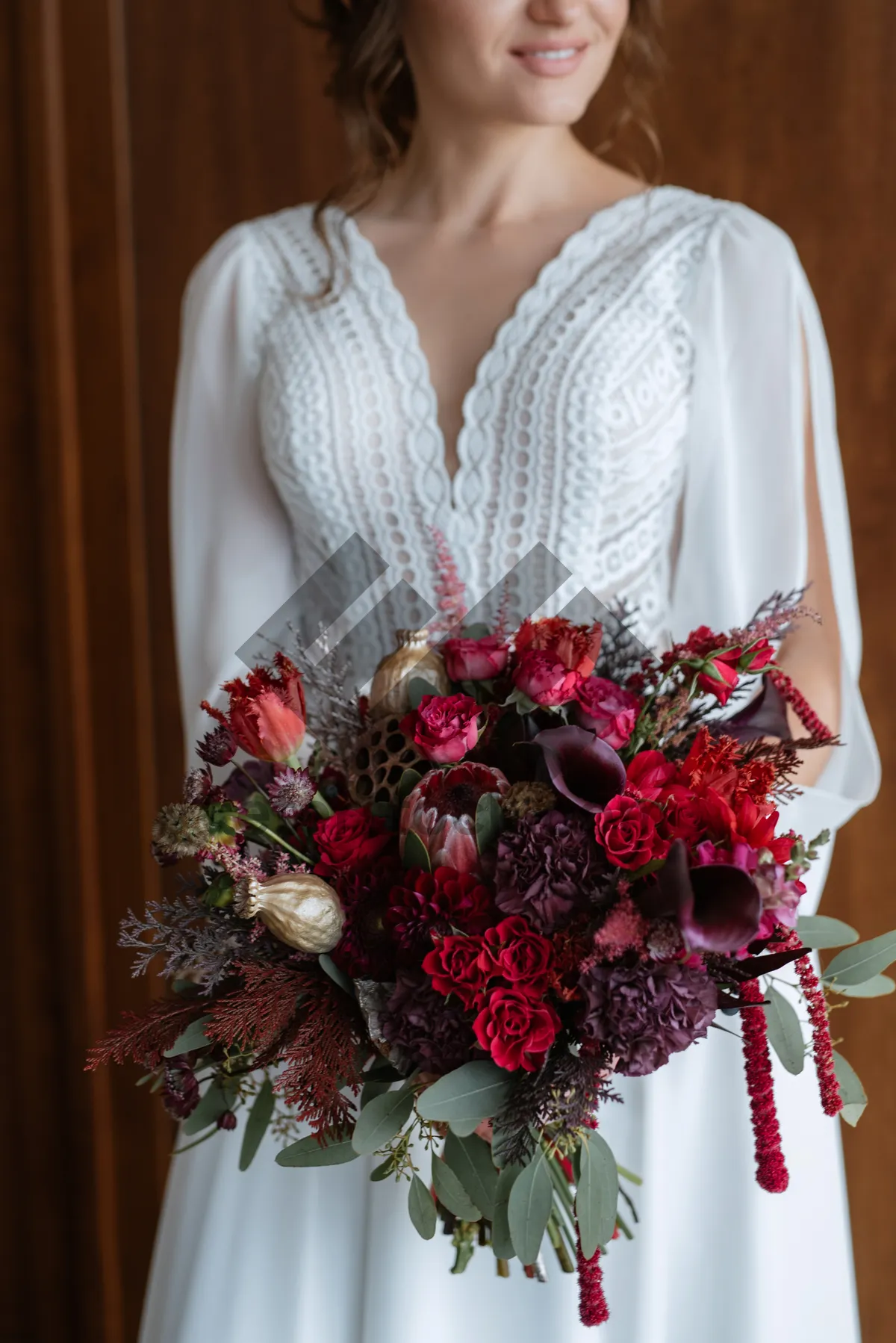 Picture of Happy Couple Wedding Portrait Roses Bouquet Decoration