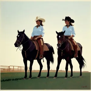 Equestrian rider on horseback in rural farm field