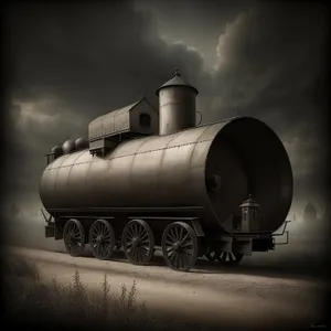 Vintage steam locomotive chugging through industrial landscape.