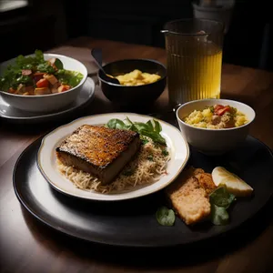 Delicious gourmet beef steak with grilled vegetables on plate